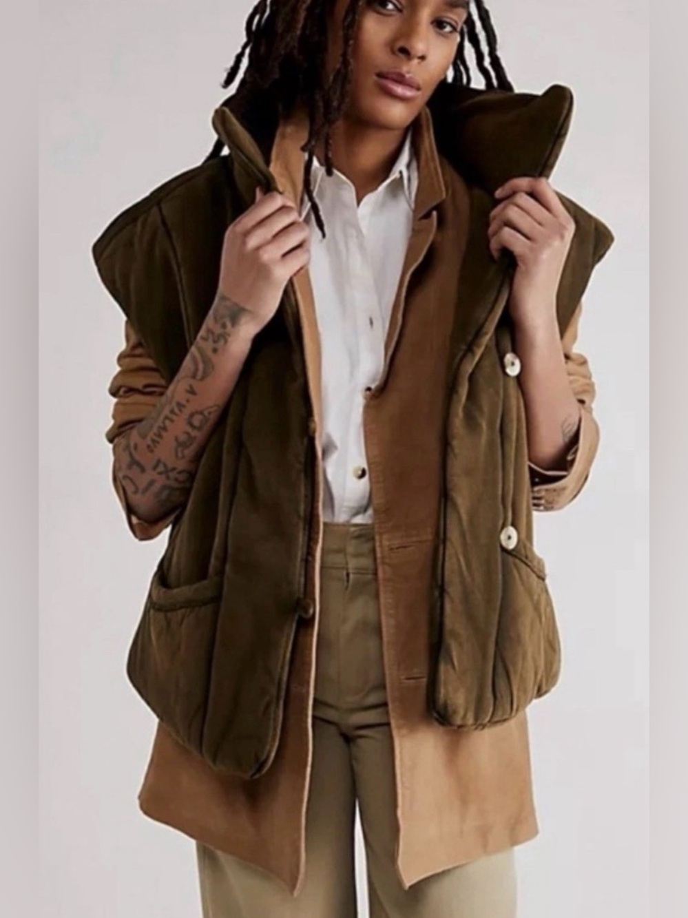Free People Roll With Us Puffer Quilted Vest Washed Olive Green Cotton Size S/M